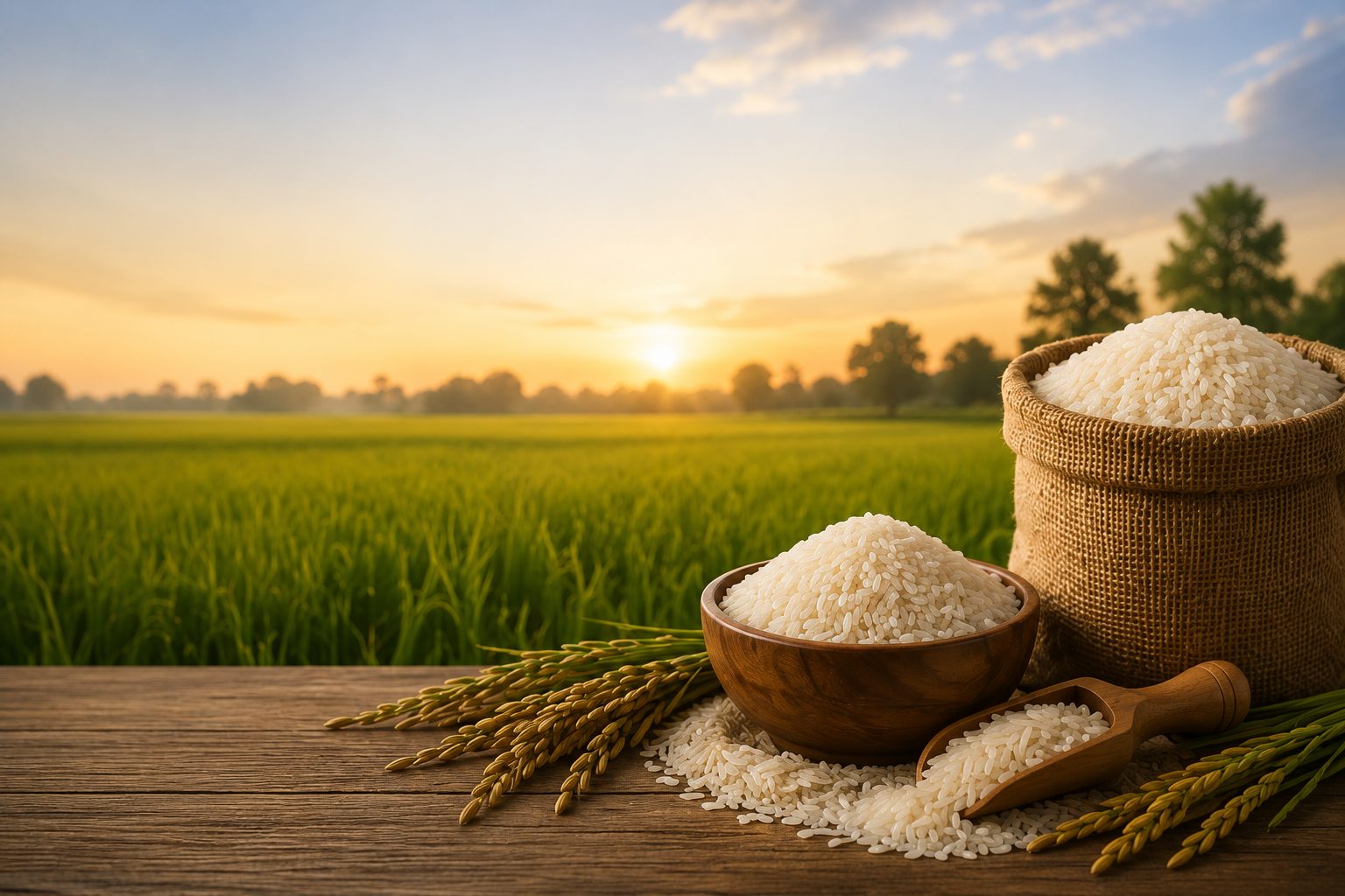 Bowl and sack of premium milled Pakistani rice beside a paddy field at sunset
